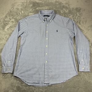 Ralph Lauren Button Down Shirt Men XL White Blue Plaid Long Sleeve Preppy Casual